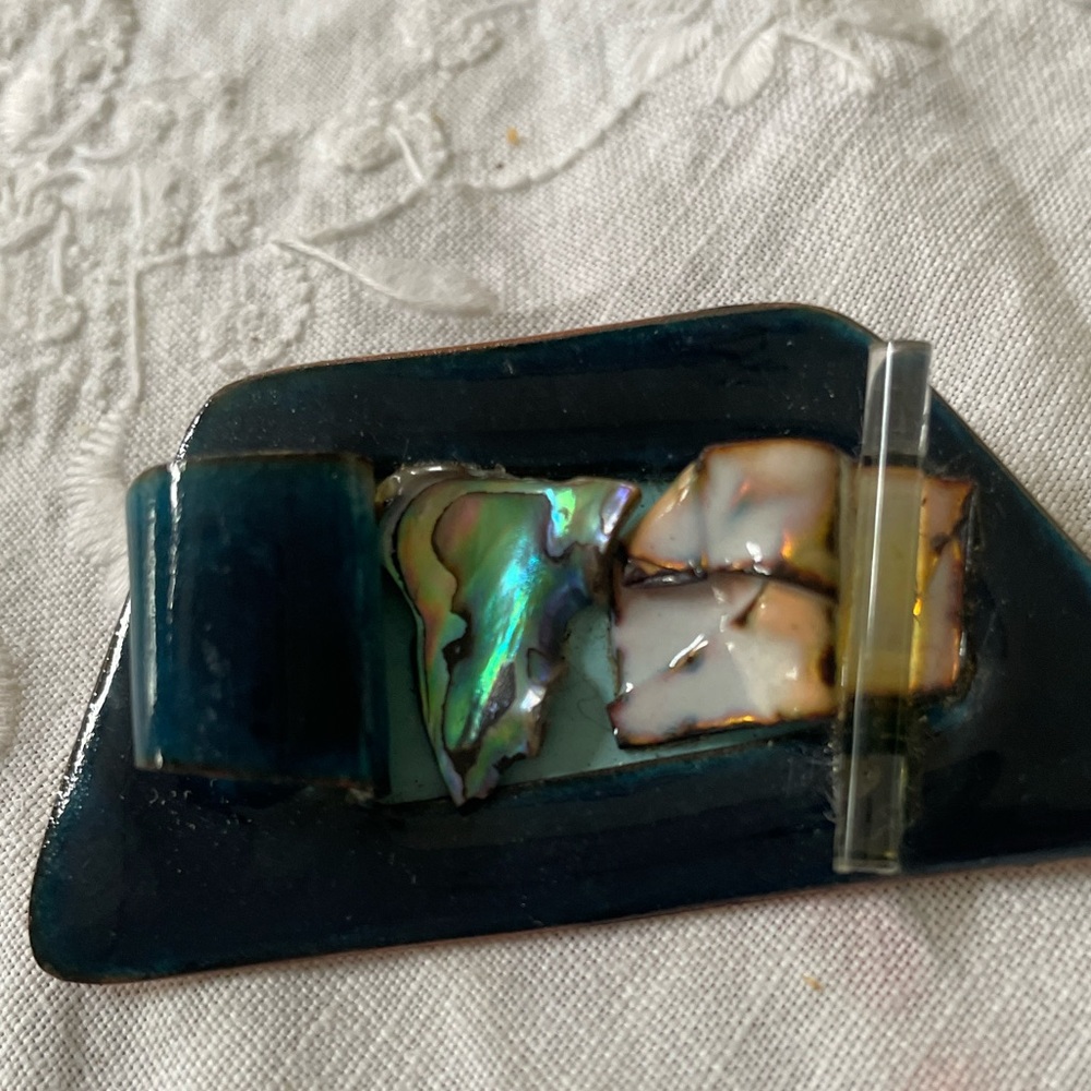 Vintage Rosenthal Abalone & Enamel Teal Abstract Signed Brooch